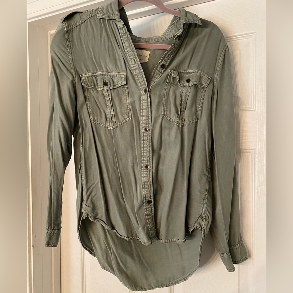 AE Olive Green Button-Up Shirt - Picture 2 of 6